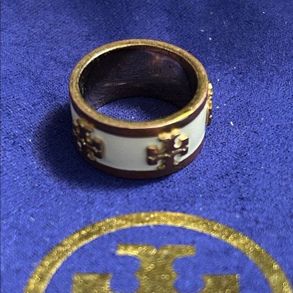 Tory Burch Gold and White Logo Enamel Ring, Size 6 - Picture 3 of 6